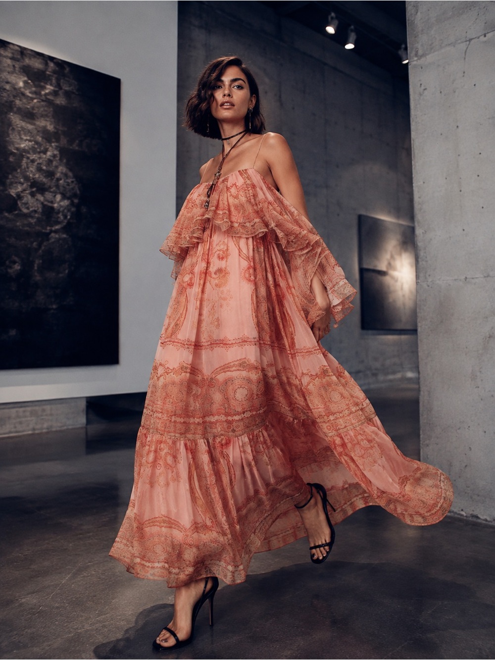 Zimmermann Coral Pink Off-Shoulder Tiered Maxi Dress
